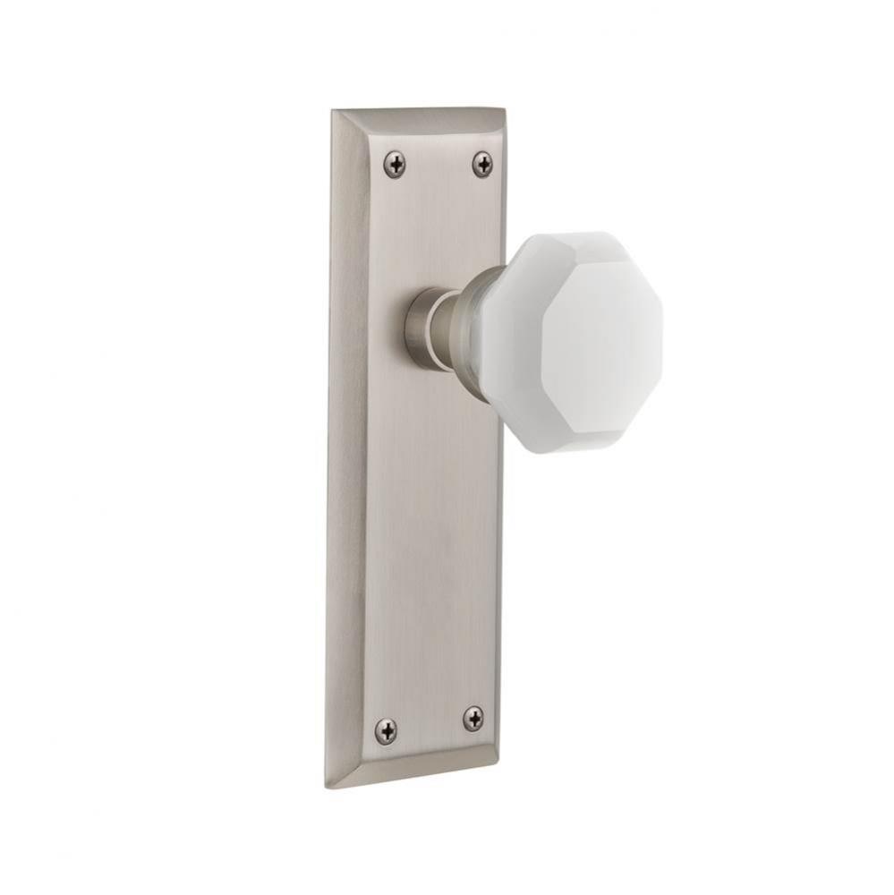 Nostalgic Warehouse New York Plate Passage Waldorf White Milk Glass Knob in Satin Nickel