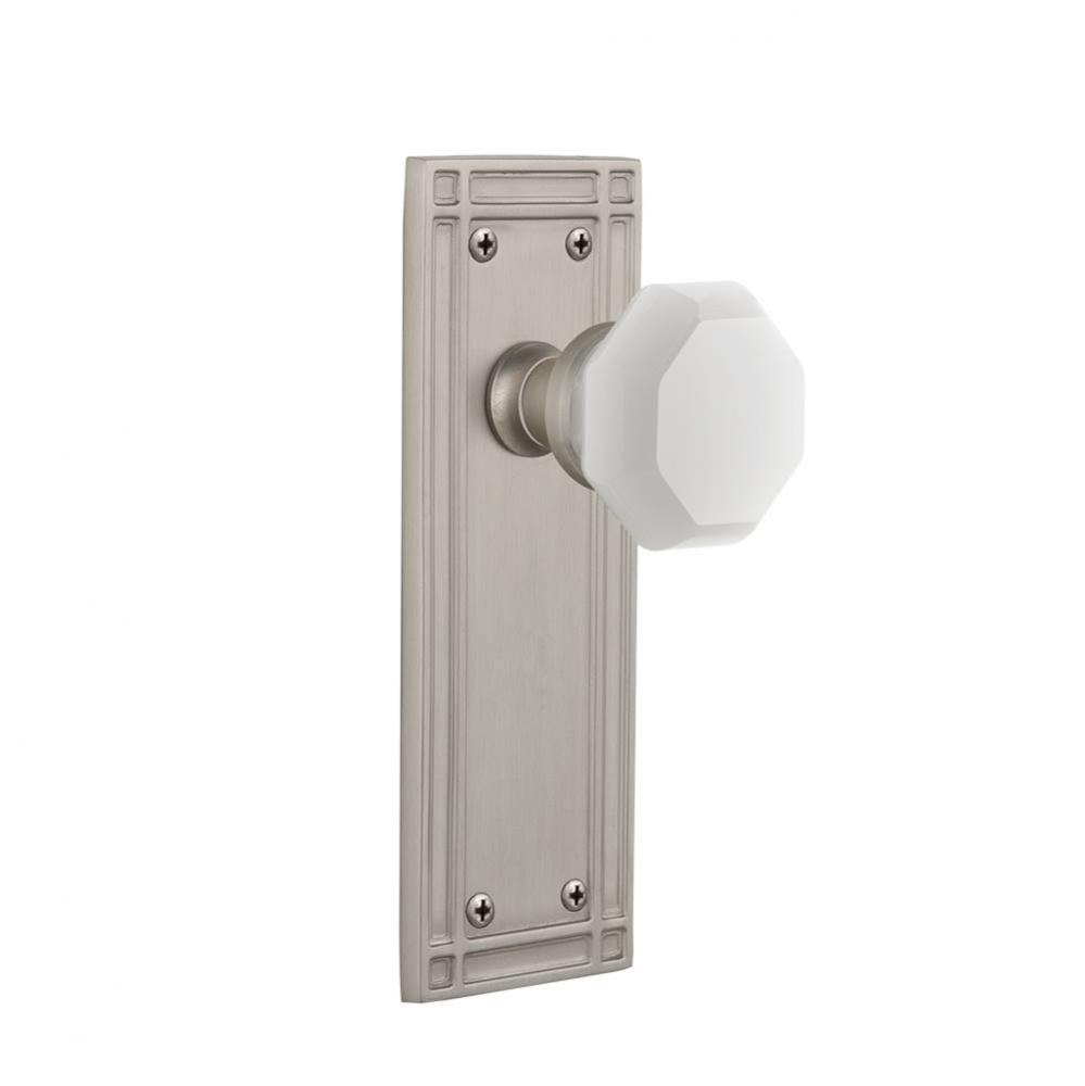 Nostalgic Warehouse Mission Plate Privacy Waldorf White Milk Glass Knob in Satin Nickel
