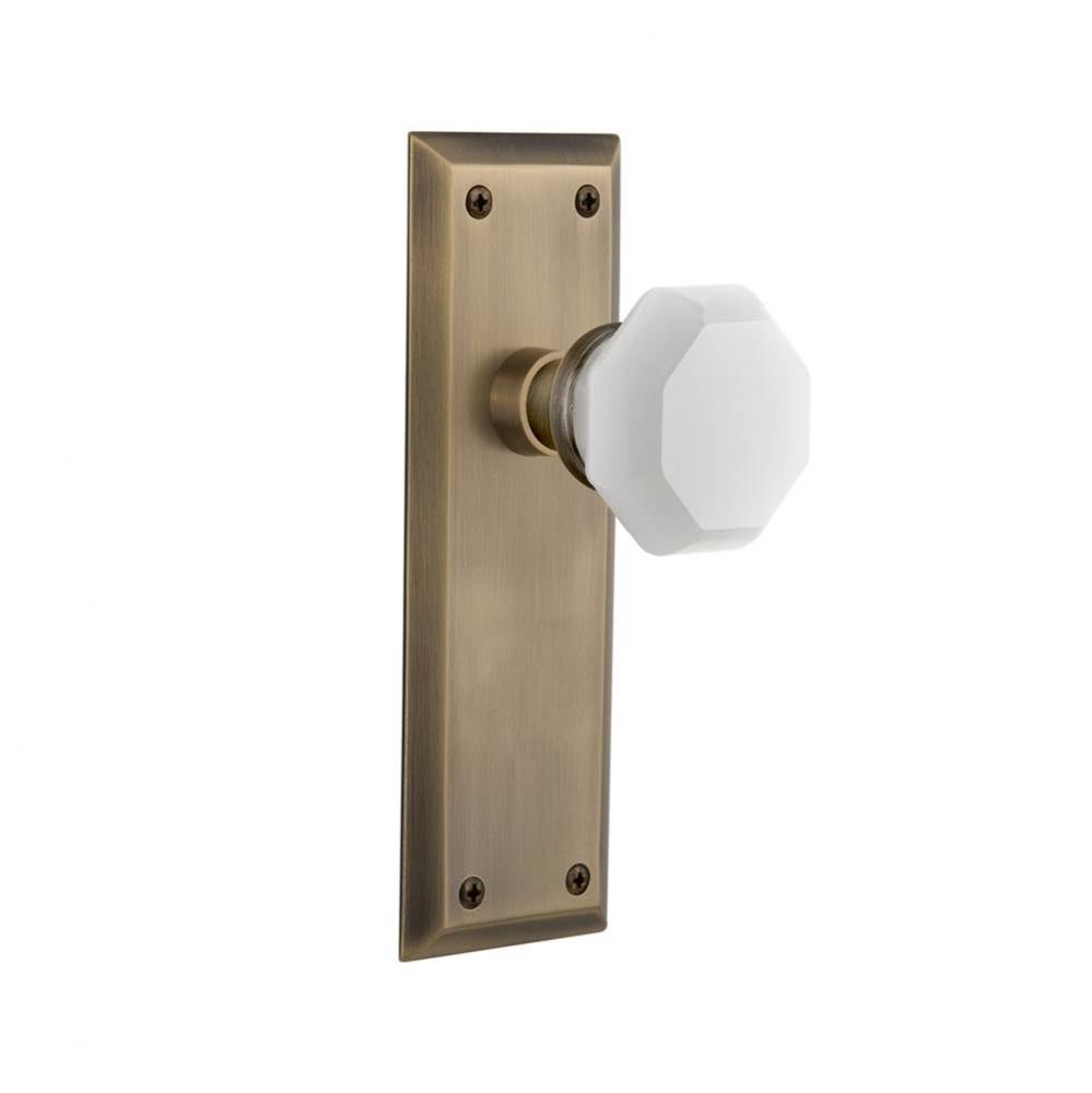 Nostalgic Warehouse New York Plate Privacy Waldorf White Milk Glass Knob in Antique Brass