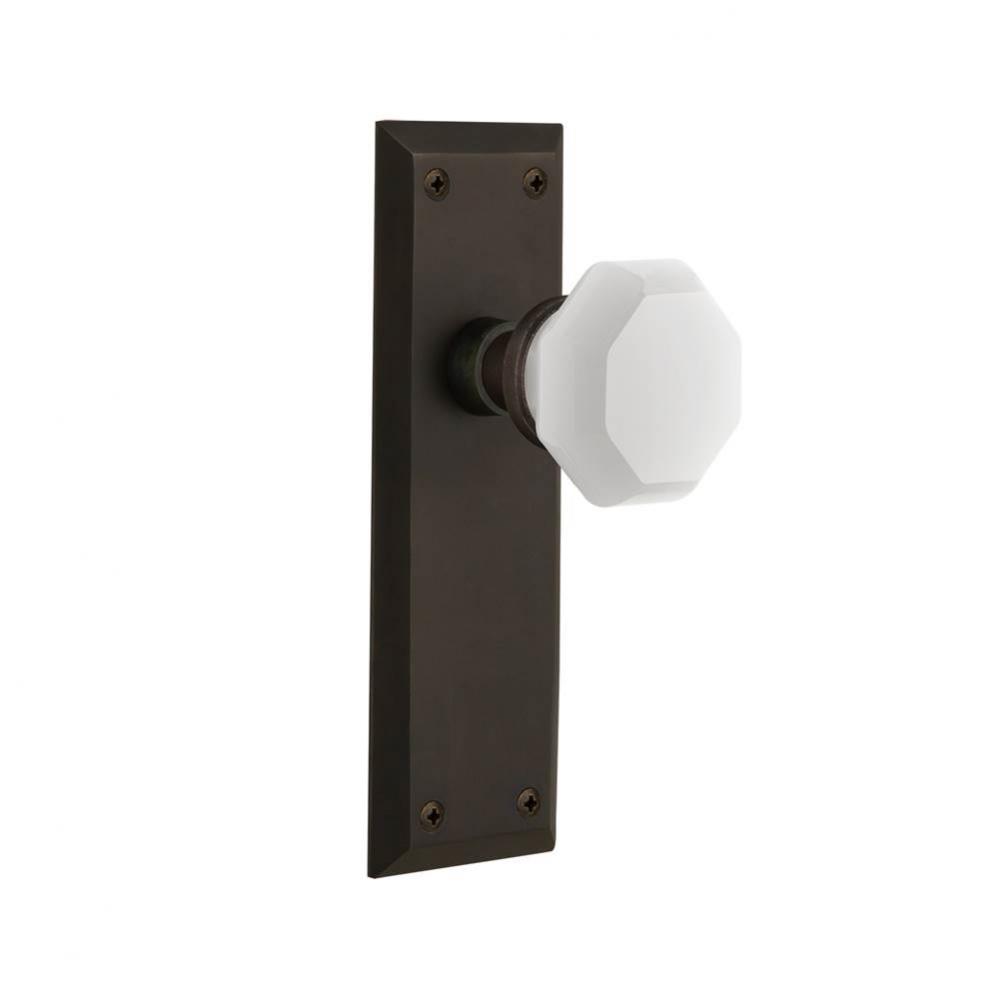 Nostalgic Warehouse New York Plate Privacy Waldorf White Milk Glass Knob in Oil-Rubbed Bronze