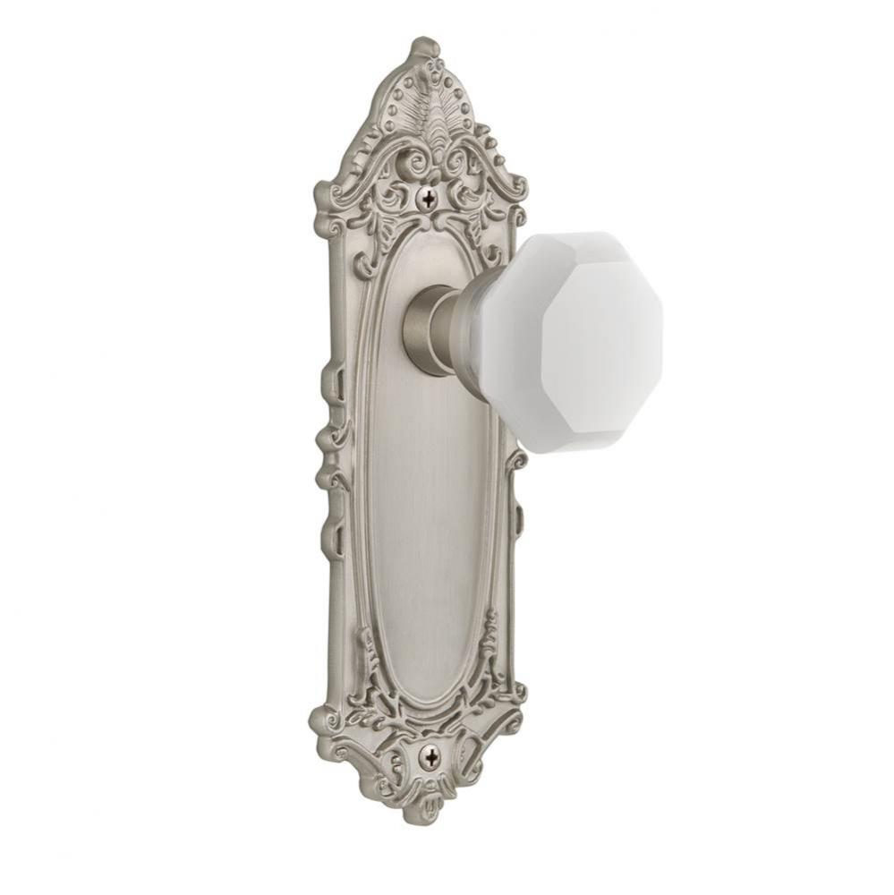Nostalgic Warehouse Victorian Plate Privacy Waldorf White Milk Glass Knob in Satin Nickel