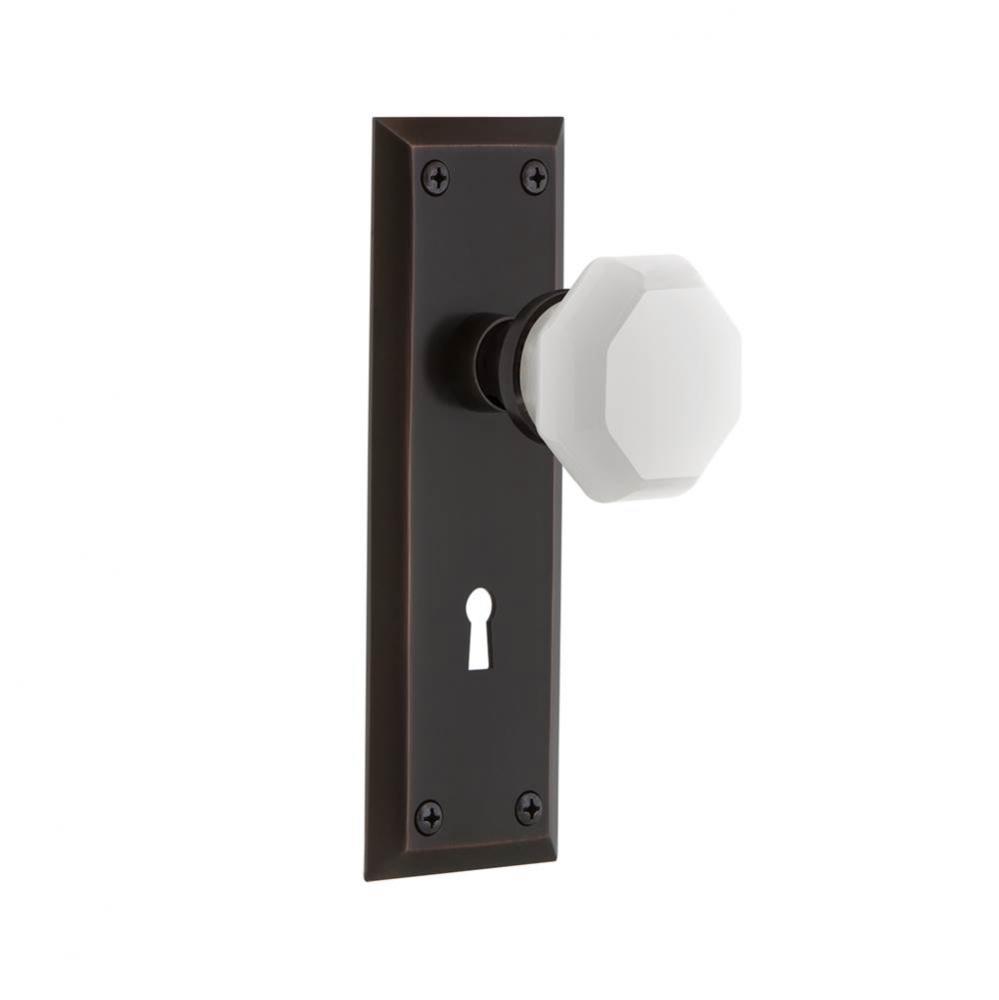 Nostalgic Warehouse New York Plate with Keyhole Privacy Waldorf White Milk Glass Knob in Timeless