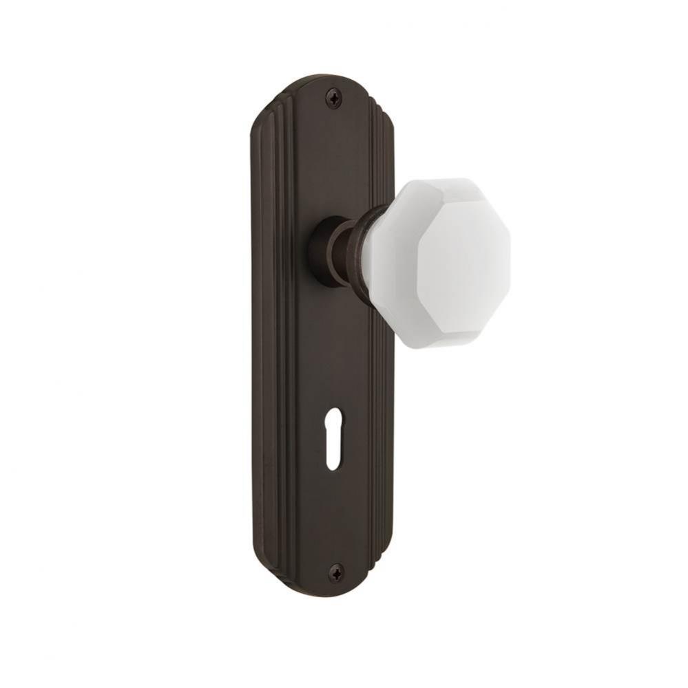 Nostalgic Warehouse Deco Plate Interior Mortise Waldorf White Milk Glass Knob in Oil-Rubbed Bronze