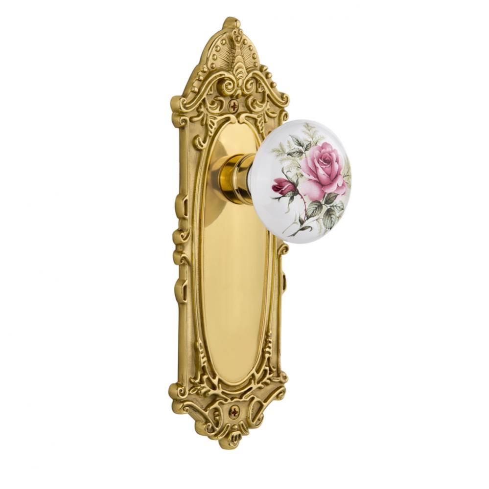 Nostalgic Warehouse Victorian Plate Passage White Rose Porcelain Door Knob in Unlacquered Brass