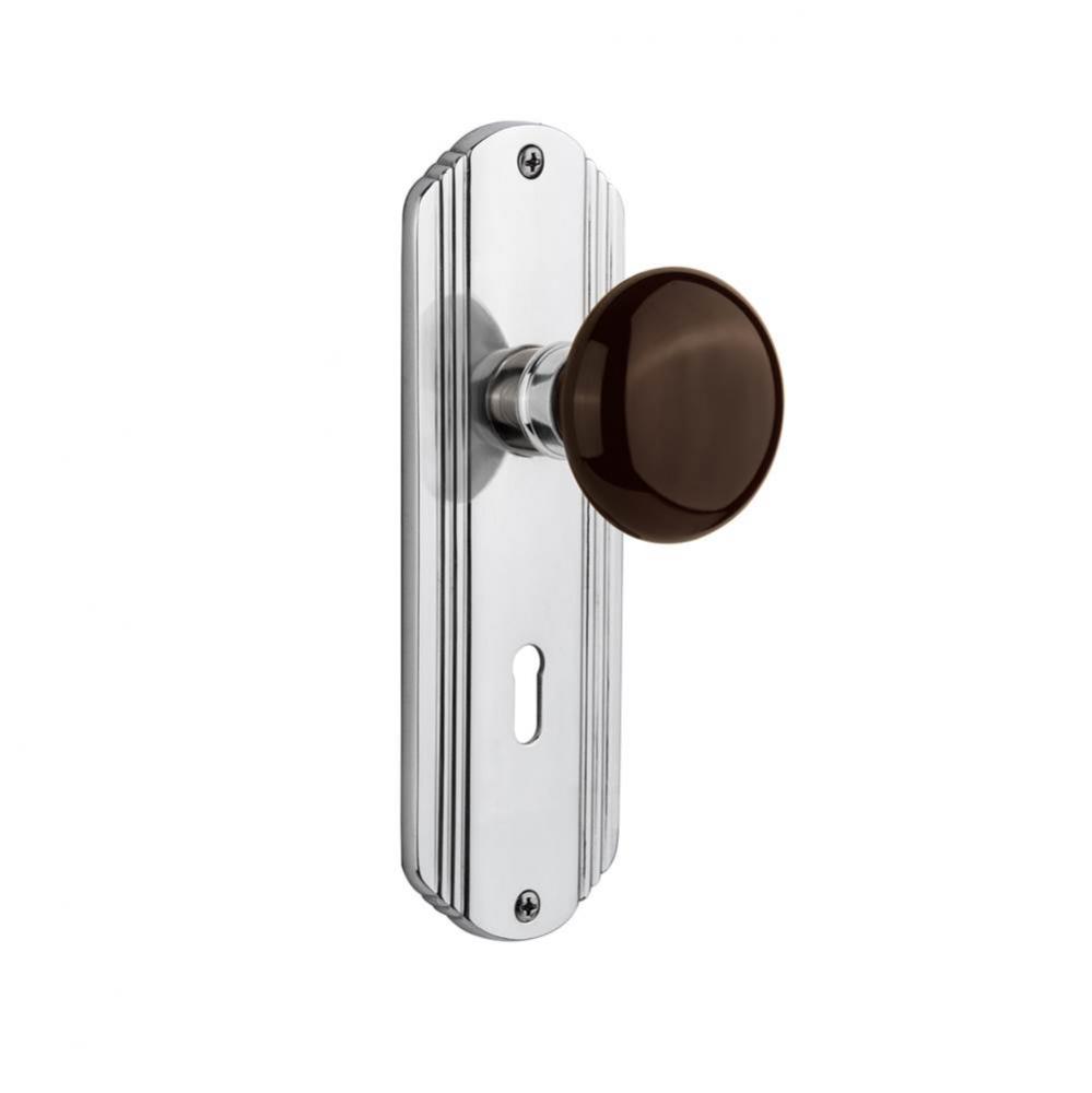 Nostalgic Warehouse Prairie Plate with Keyhole Privacy Brown Porcelain Door Knob in Bright Chrome