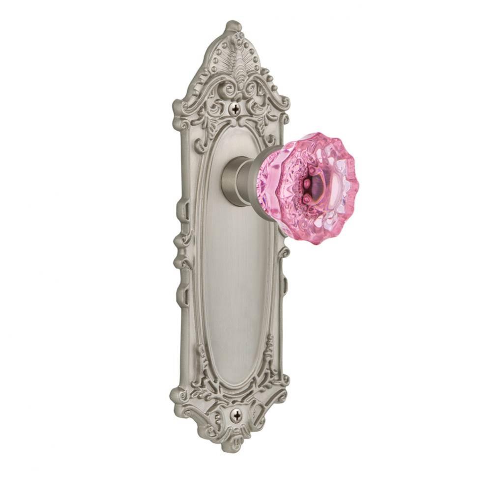Nostalgic Warehouse Victorian Plate Passage Crystal Pink Glass Door Knob in Satin Nickel