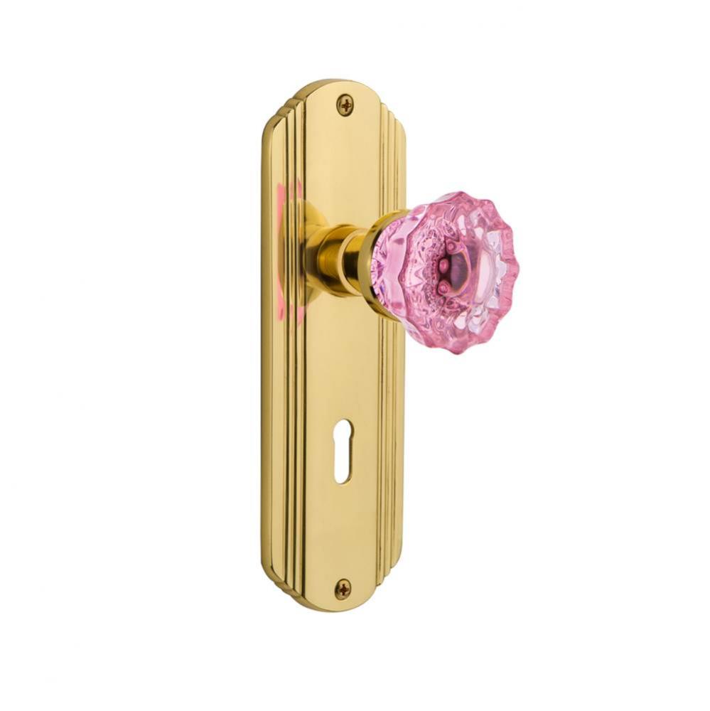 Nostalgic Warehouse Deco Plate with Keyhole Passage Crystal Pink Glass Door Knob in Polished Brass