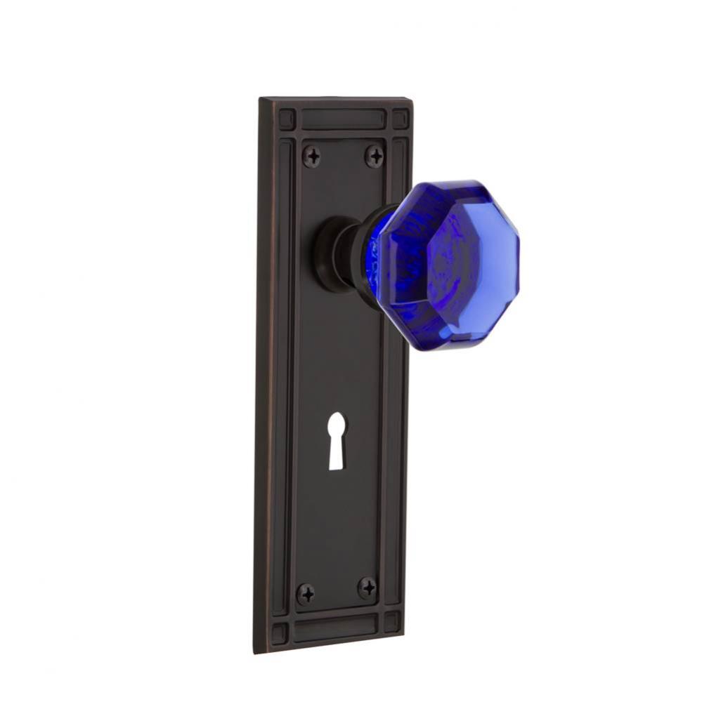 Nostalgic Warehouse Mission Plate with Keyhole Passage Waldorf Cobalt Door Knob in Timeless Bronze