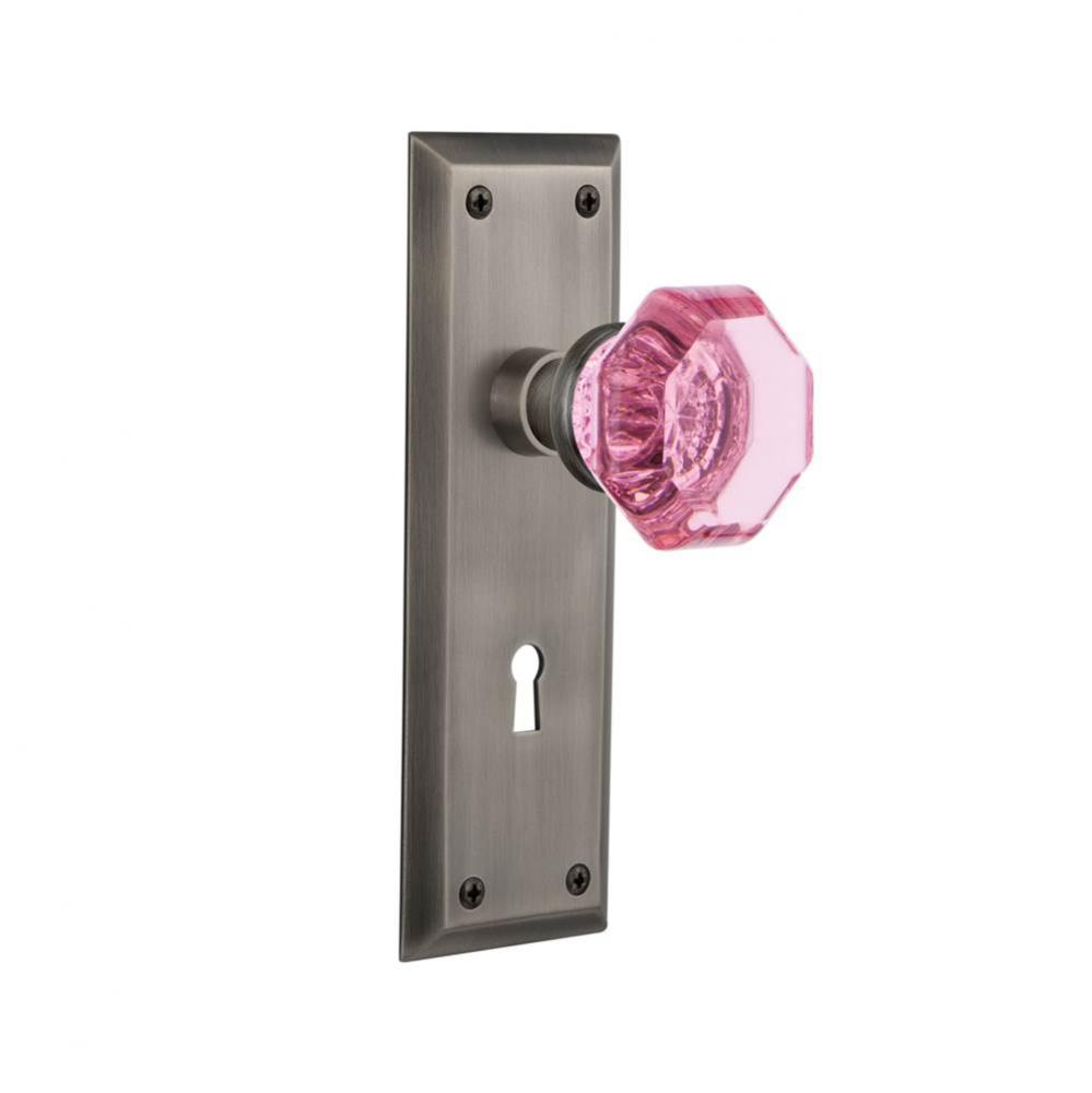Nostalgic Warehouse New York Plate with Keyhole Passage Waldorf Pink Door Knob in Bright Chrome