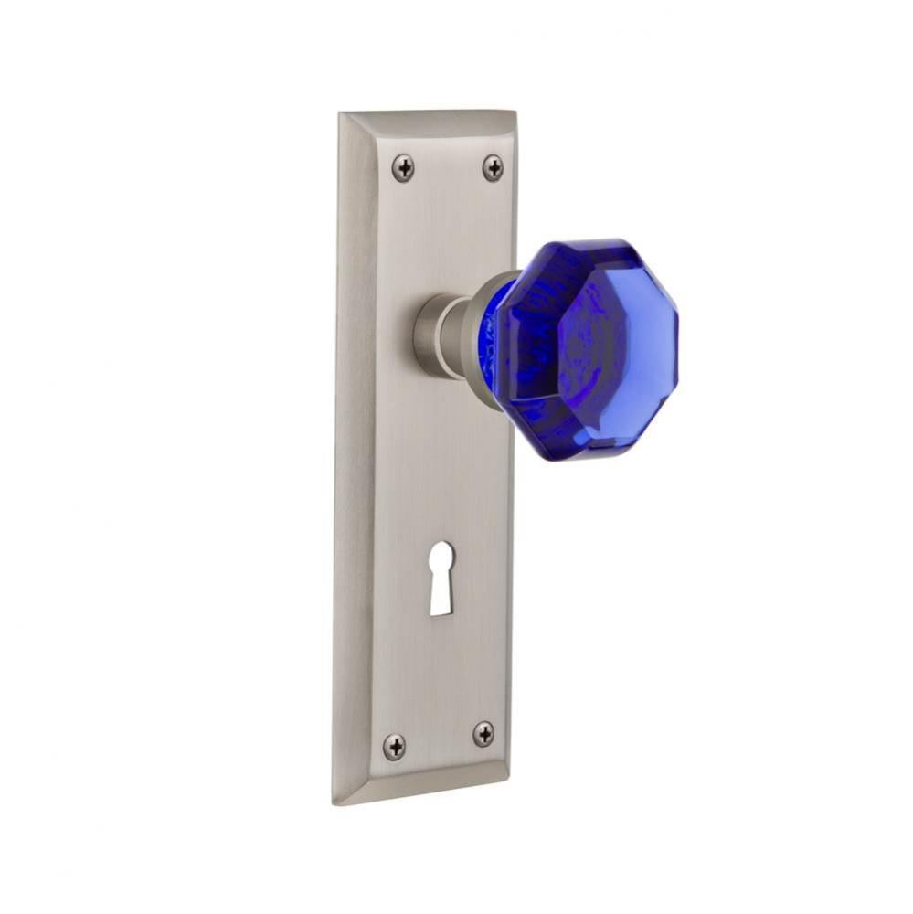 Nostalgic Warehouse New York Plate with Keyhole Passage Waldorf Cobalt Door Knob in Satin Nickel