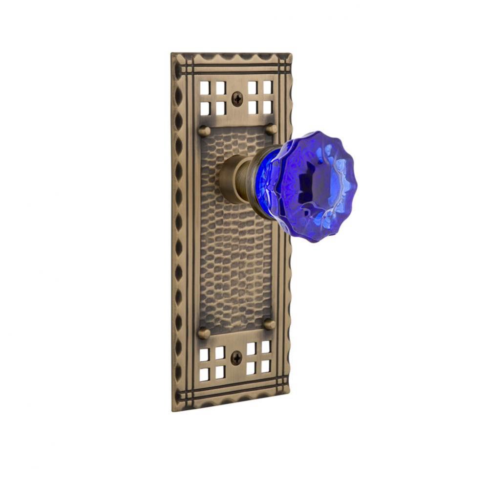 Nostalgic Warehouse Craftsman Plate Single Dummy Crystal Cobalt Glass Door Knob in Antique Brass