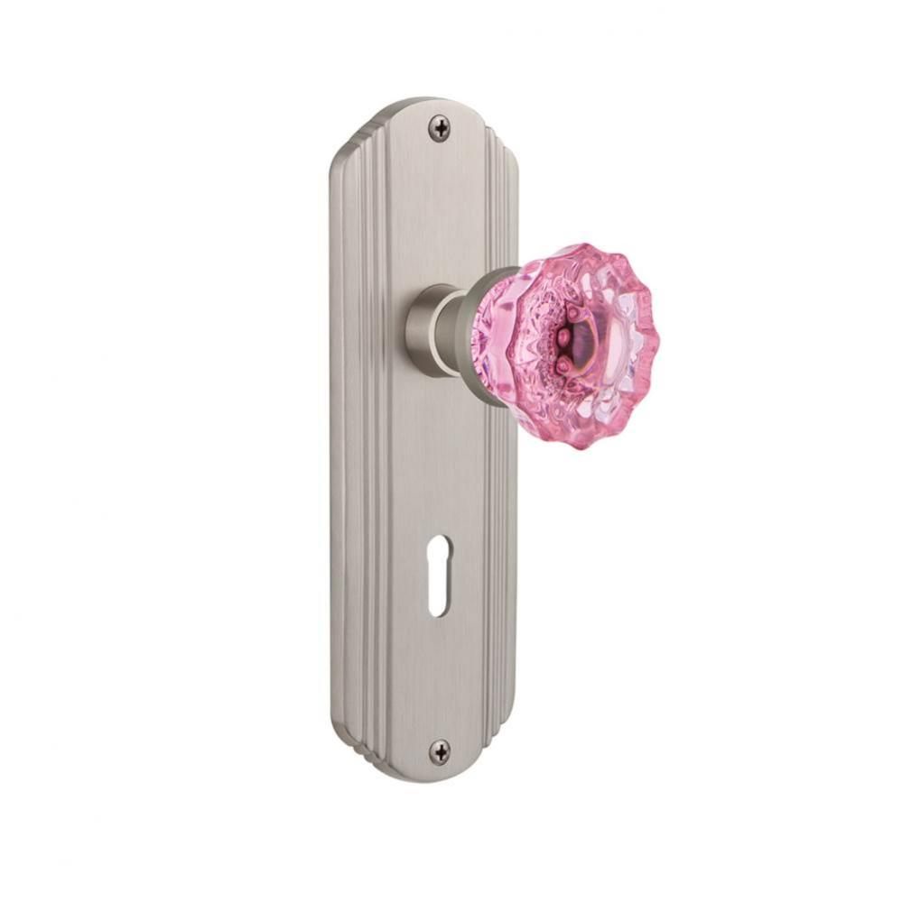 Nostalgic Warehouse Deco Plate with Keyhole Double Dummy Crystal Pink Glass Door Knob in Satin Nic