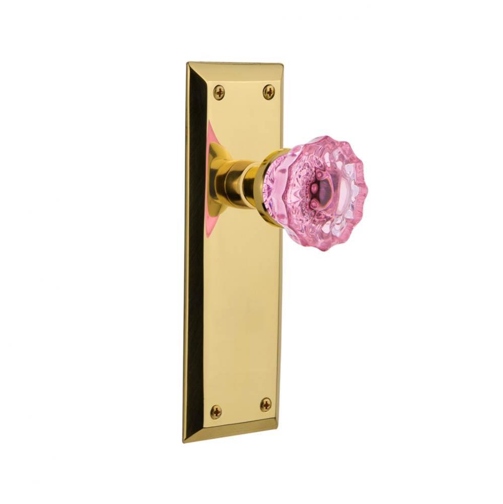 Nostalgic Warehouse New York Plate Privacy Crystal Pink Glass Door Knob in Polished Brass