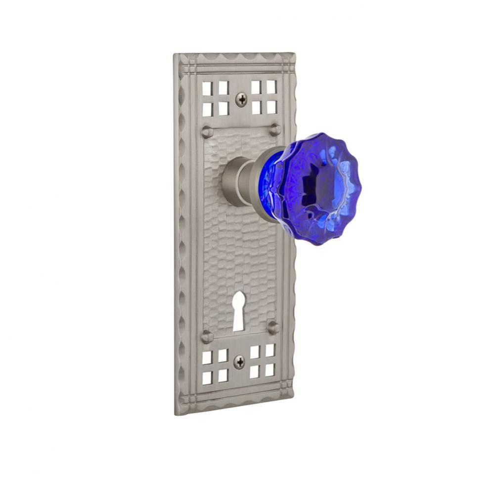 Nostalgic Warehouse Craftsman Plate with Keyhole Privacy Crystal Cobalt Glass Door Knob in Satin N