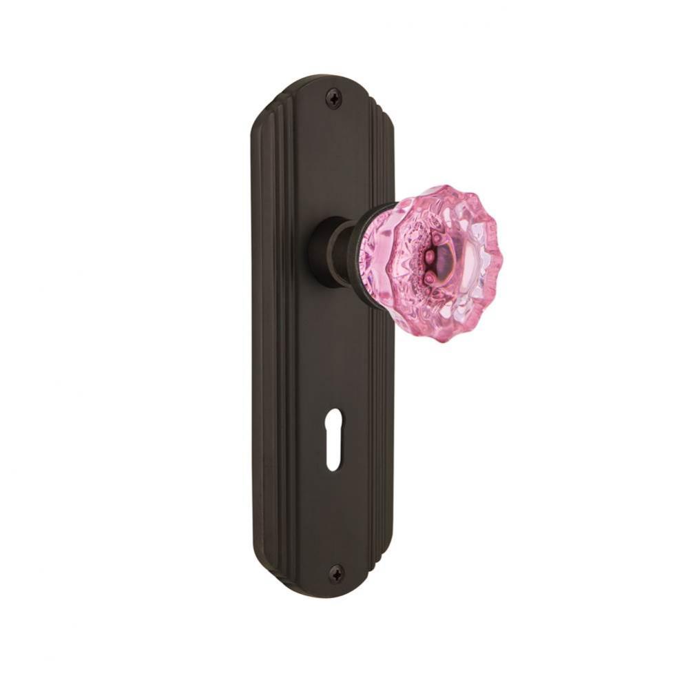 Nostalgic Warehouse Deco Plate with Keyhole Privacy Crystal Pink Glass Door Knob in Oil-Rubbed Bro