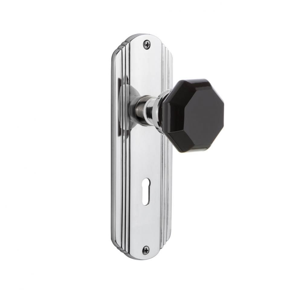 Nostalgic Warehouse Deco Plate with Keyhole Privacy Waldorf Black Door Knob in Bright Chrome