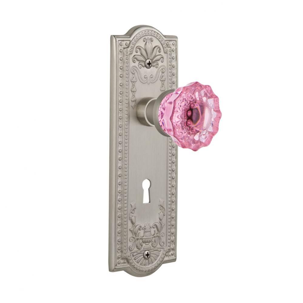 Nostalgic Warehouse Meadows Plate with Keyhole Privacy Crystal Pink Glass Door Knob in Satin Nicke