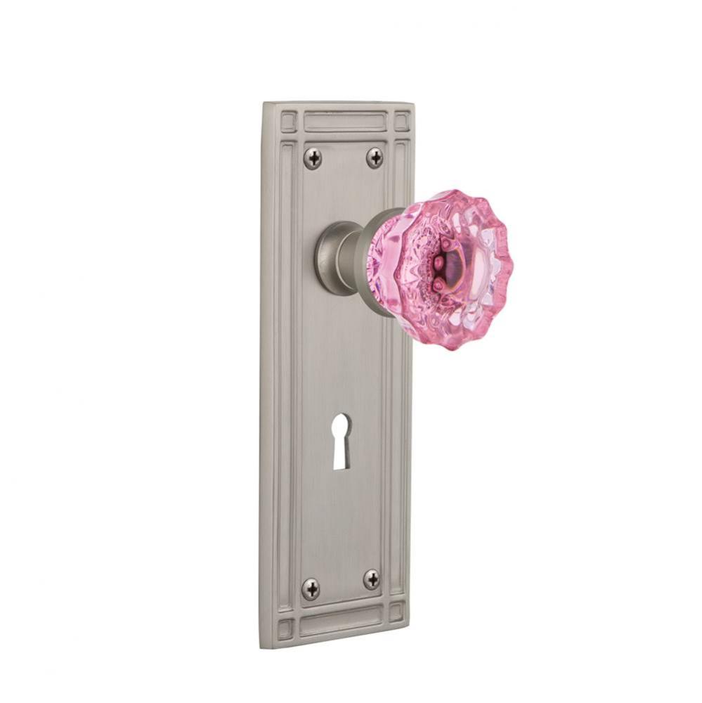 Nostalgic Warehouse Mission Plate with Keyhole Privacy Crystal Pink Glass Door Knob in Satin Nicke