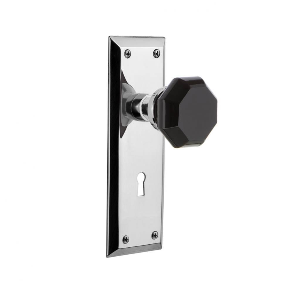 Nostalgic Warehouse New York Plate with Keyhole Privacy Waldorf Black Door Knob in Bright Chrome