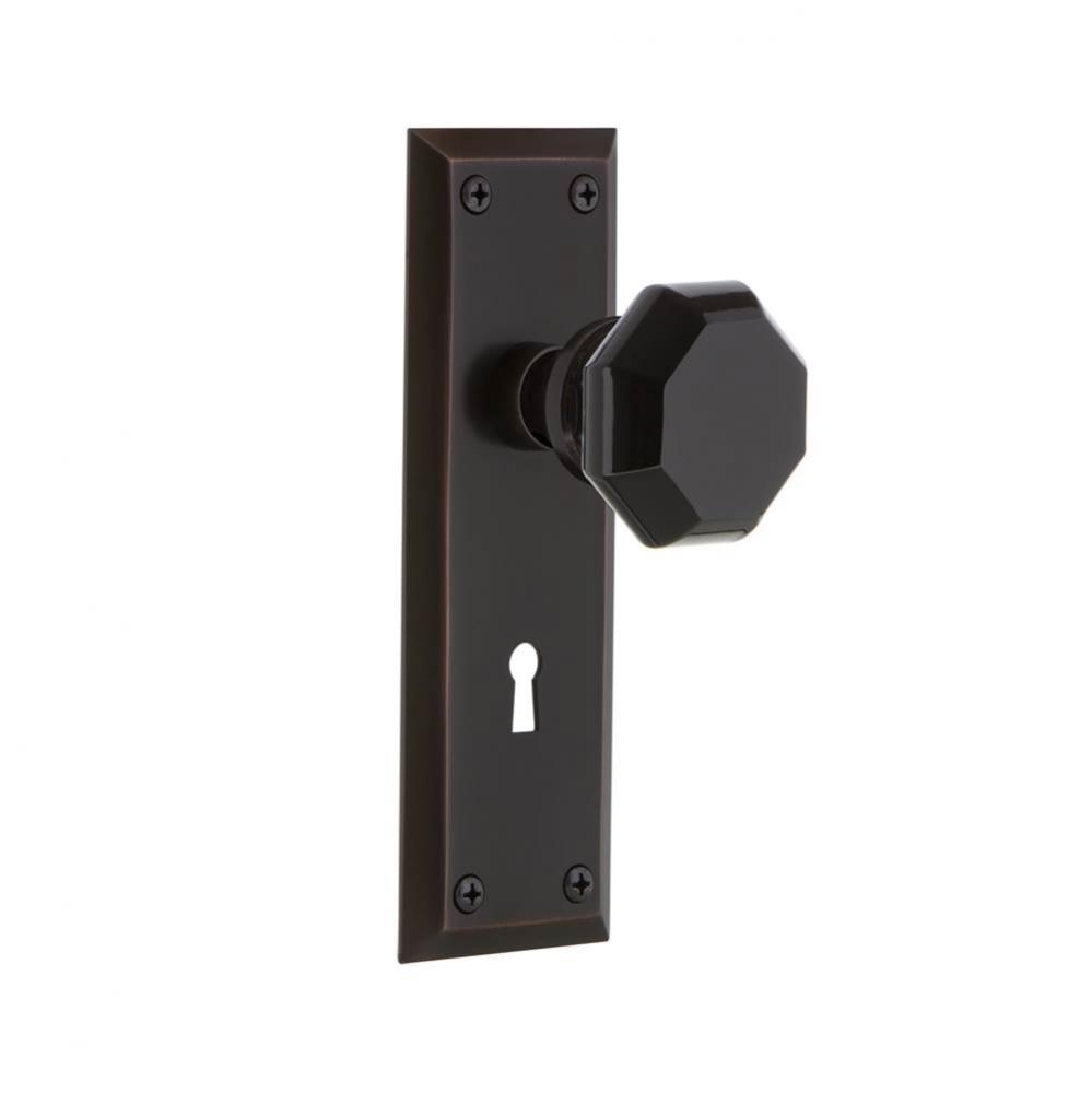 Nostalgic Warehouse New York Plate with Keyhole Privacy Waldorf Black Door Knob in Timeless Bronze