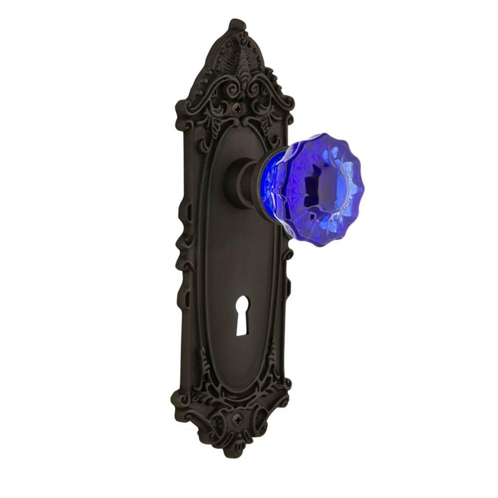 Nostalgic Warehouse Victorian Plate with Keyhole Privacy Crystal Cobalt Glass Door Knob in Oil-Rub