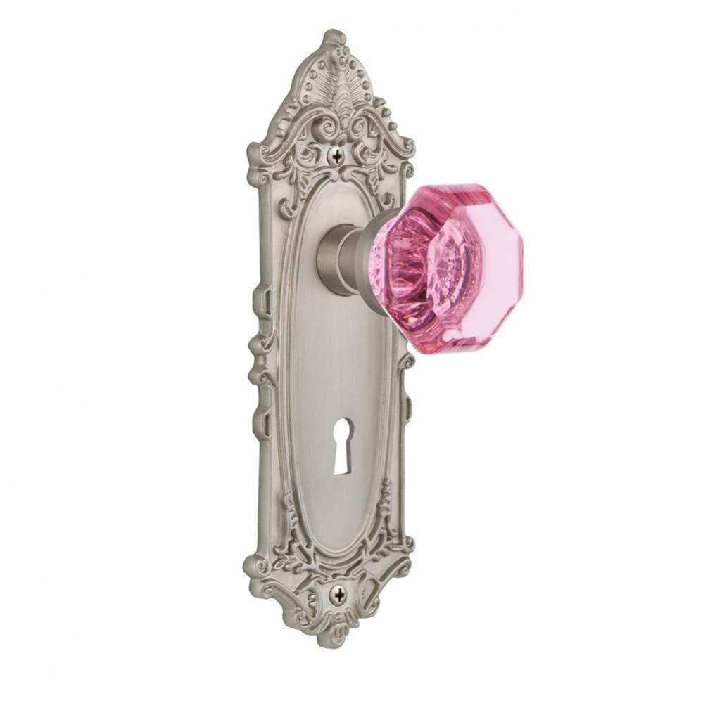 Nostalgic Warehouse Victorian Plate with Keyhole Privacy Waldorf Pink Door Knob in Satin Nickel