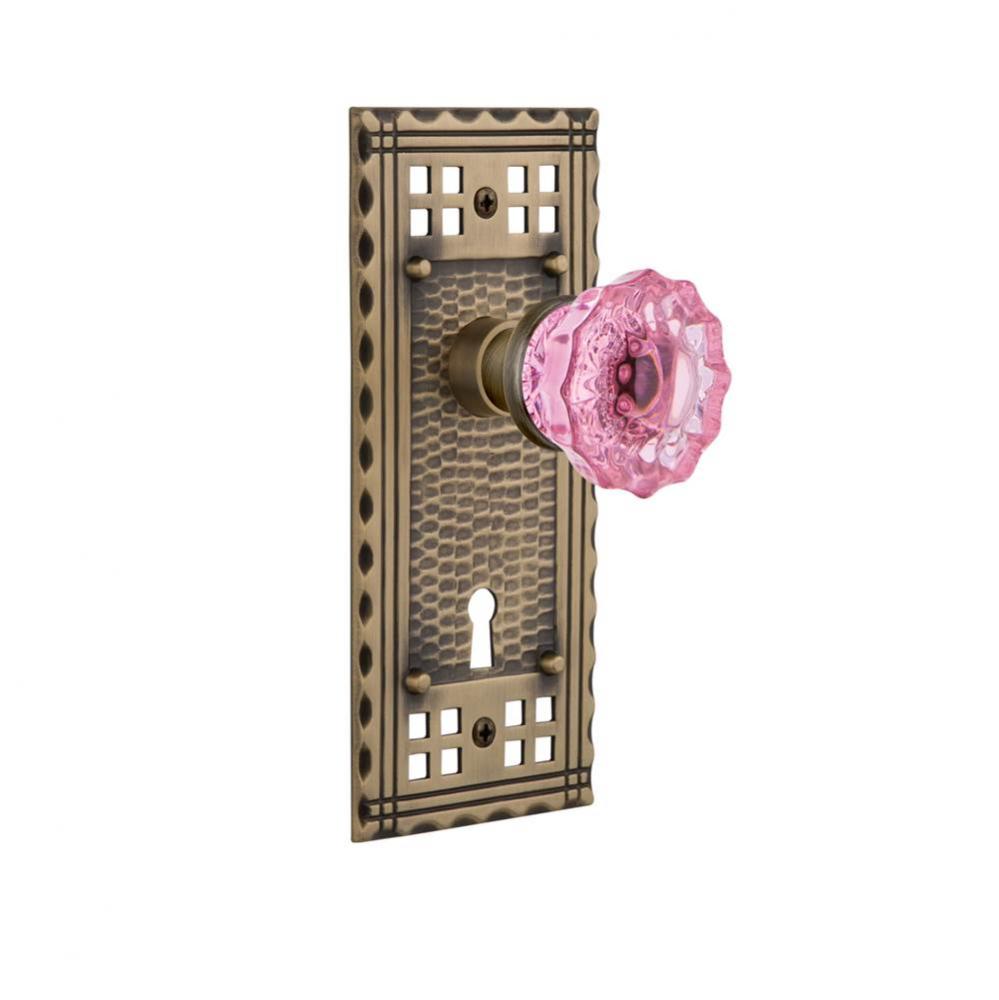 Nostalgic Warehouse Craftsman Plate Interior Mortise Crystal Pink Glass Door Knob in Antique Brass