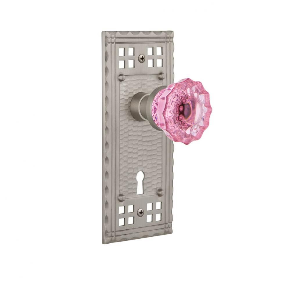 Nostalgic Warehouse Craftsman Plate Interior Mortise Crystal Pink Glass Door Knob in Satin Nickel