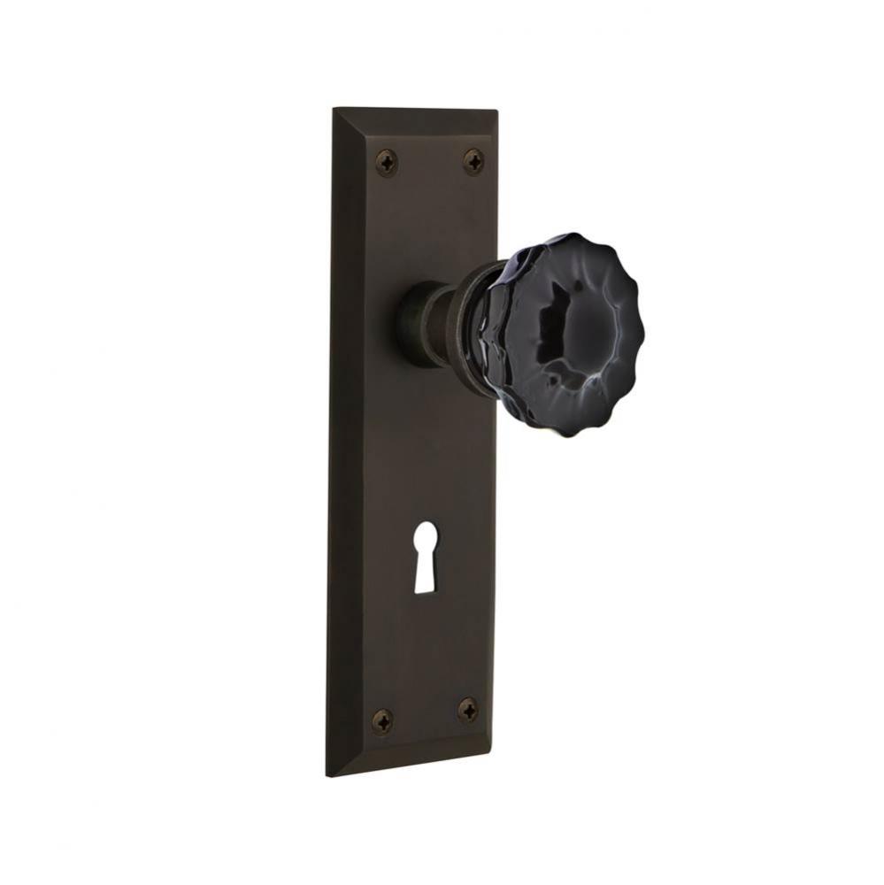 Nostalgic Warehouse New York Plate with Keyhole Passage Crystal Black Glass Door Knob in Oil-Rubbe