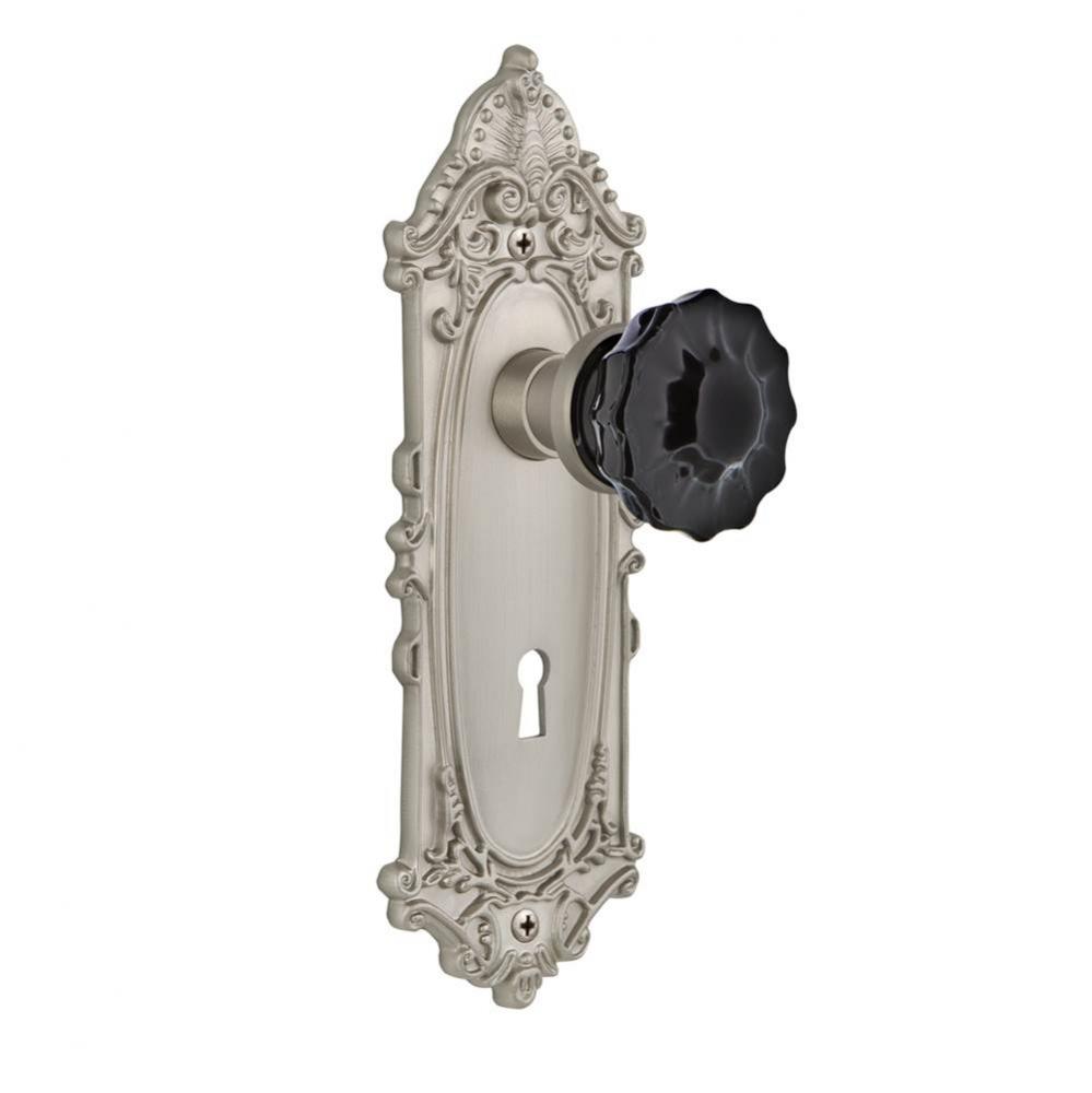 Nostalgic Warehouse Victorian Plate with Keyhole Passage Crystal Black Glass Door Knob in Satin Ni
