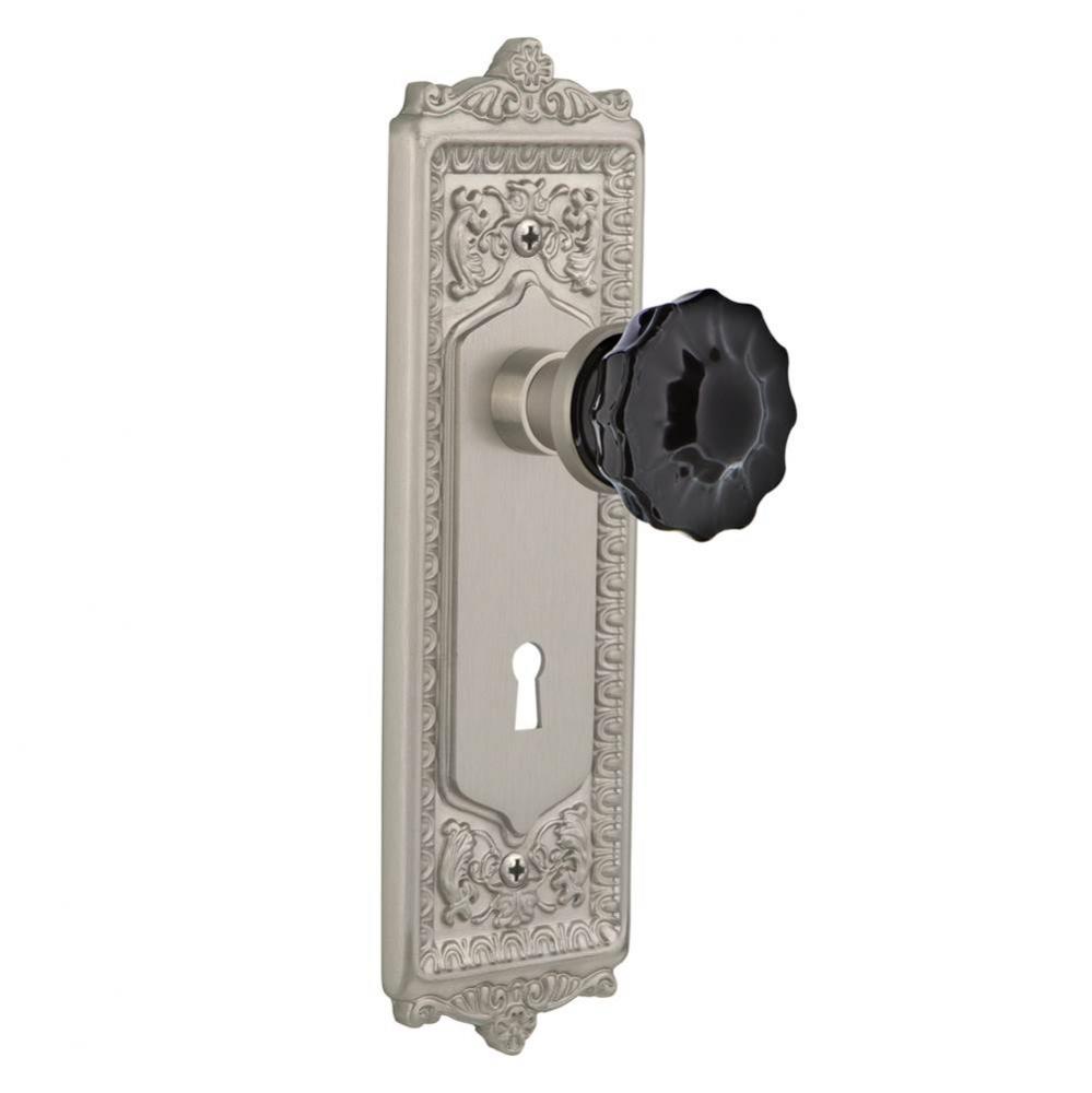 Nostalgic Warehouse Egg & Dart Plate with Keyhole Privacy Crystal Black Glass Door Knob in Sat