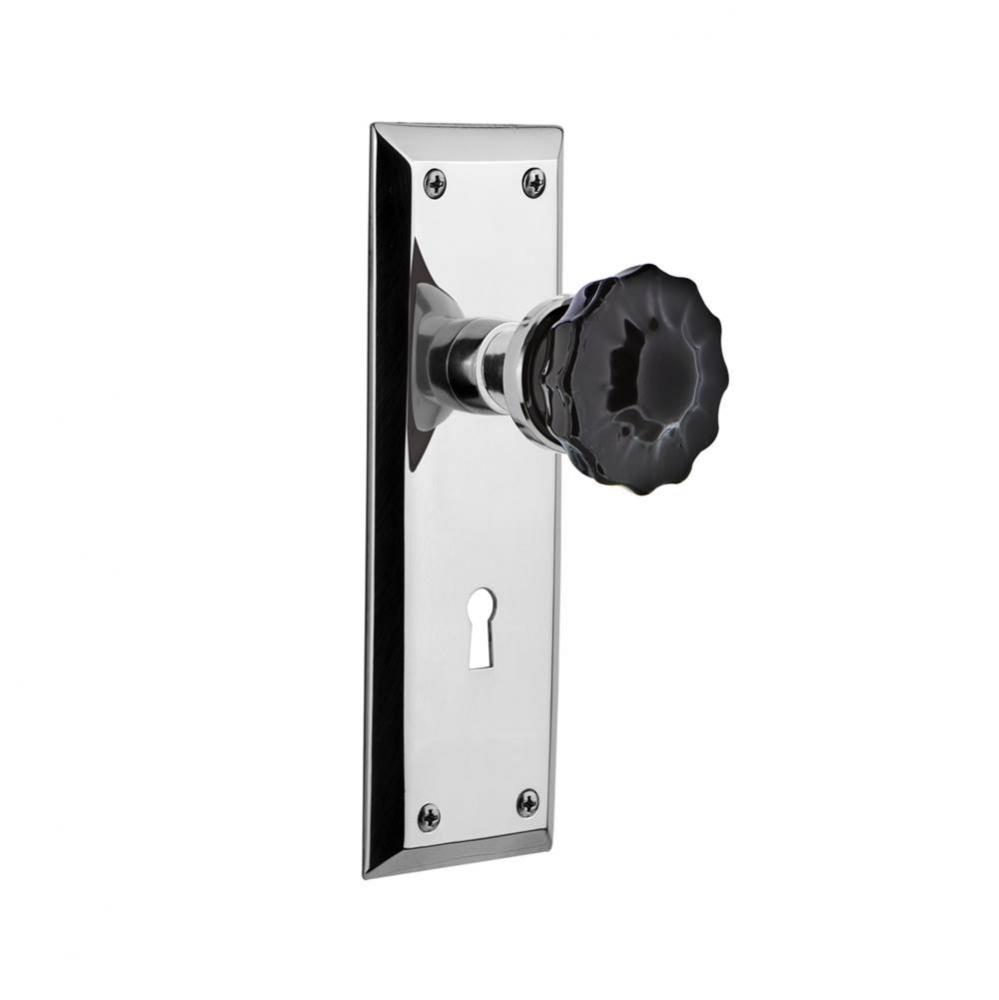 Nostalgic Warehouse New York Plate with Keyhole Privacy Crystal Black Glass Door Knob in Bright Ch