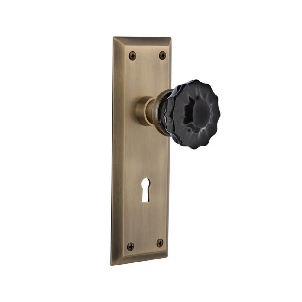 Nostalgic Warehouse New York Plate Interior Mortise Crystal Black Glass Door Knob in Antique Brass