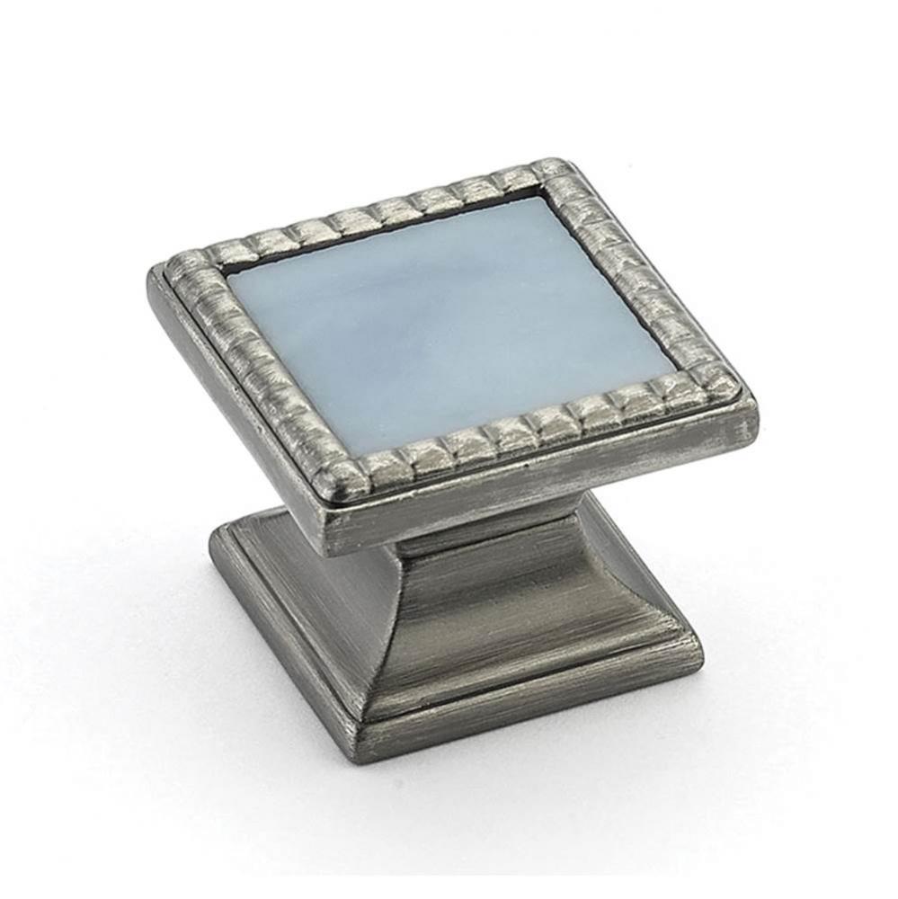 Knob, Square, Antique Nickel, Glacier Blue Glass Inlay, 1-1/4'' dia