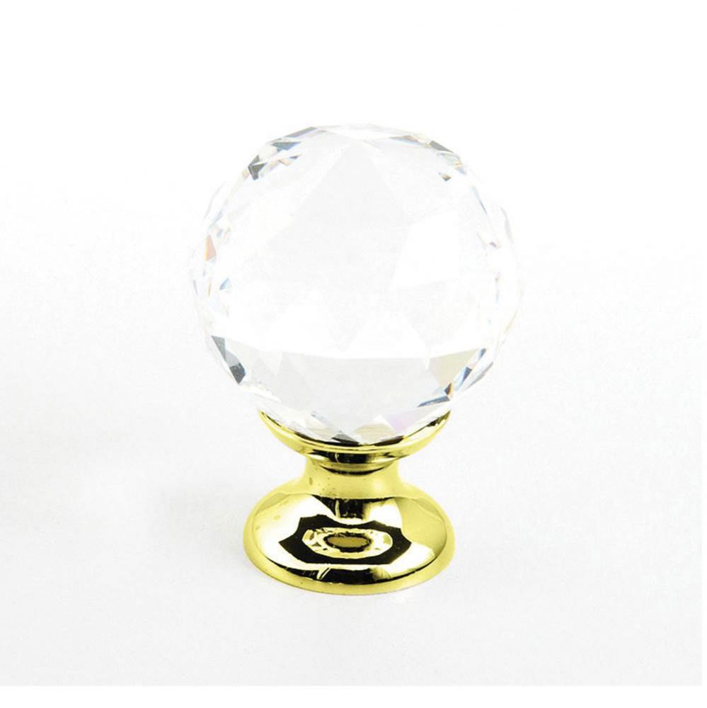 Knob, Clear, Round Crystal, Polished Brass 1-1/8'' dia