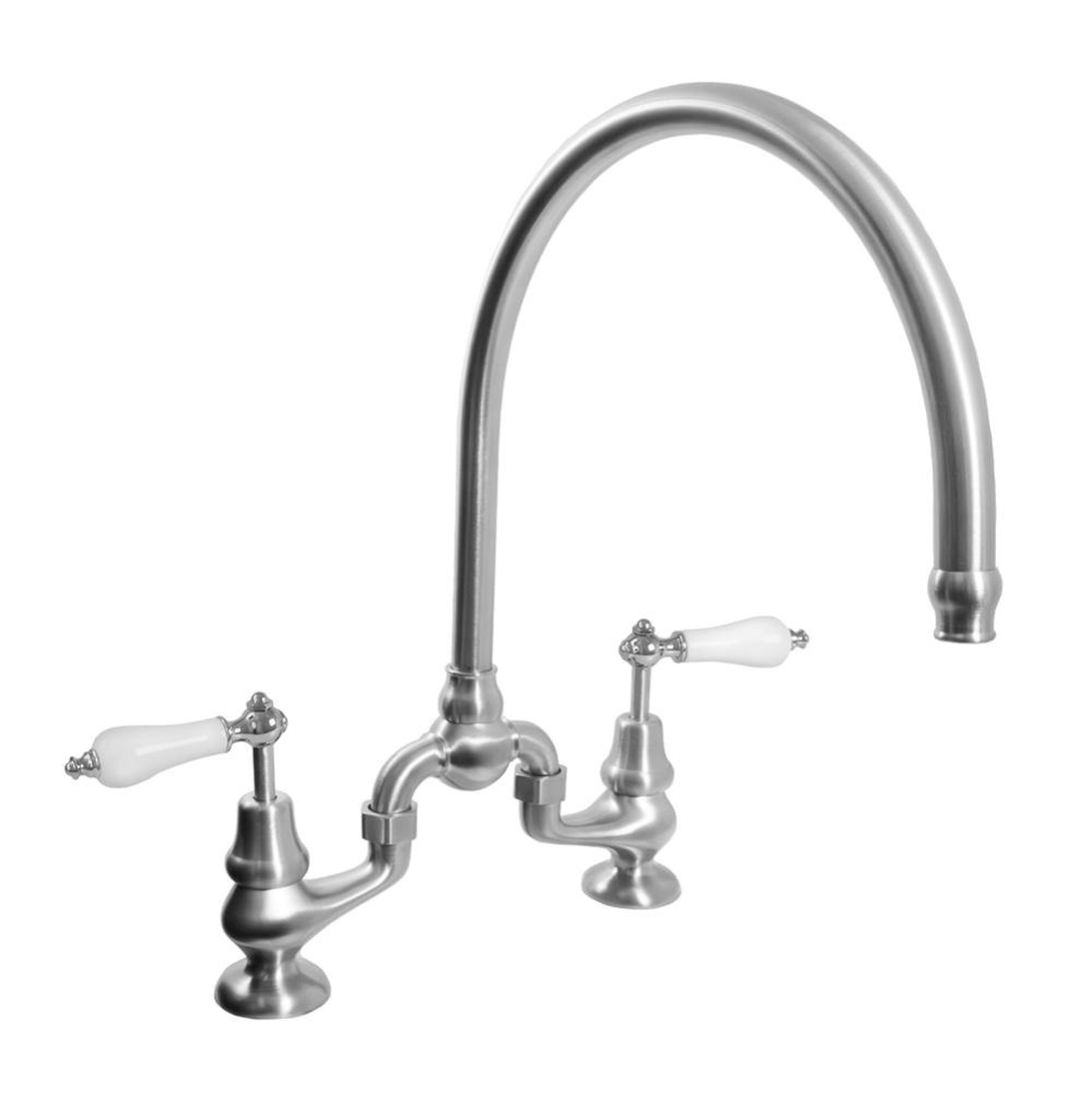 Sancerre Bridge Kitchen/Bar Faucet with High-Arc Spout and 485 Porcelain Lever in Satin Nickel PVD