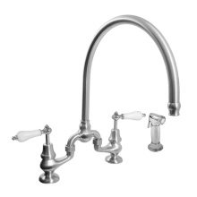 Sigma 7.57485042.54 - Sancerre Bridge Kitchen Faucet with High-Arc Spout, Handspray, and 485 Porcelain Lever in Satin Go