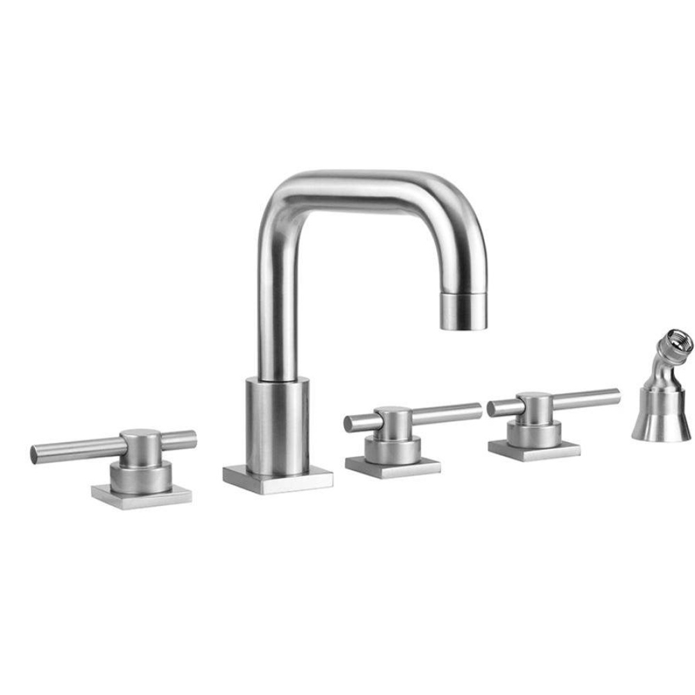 Contempo Downtown Roman Tub Set with Peg Lever Handles - Square Escutcheons and Angled Handshower