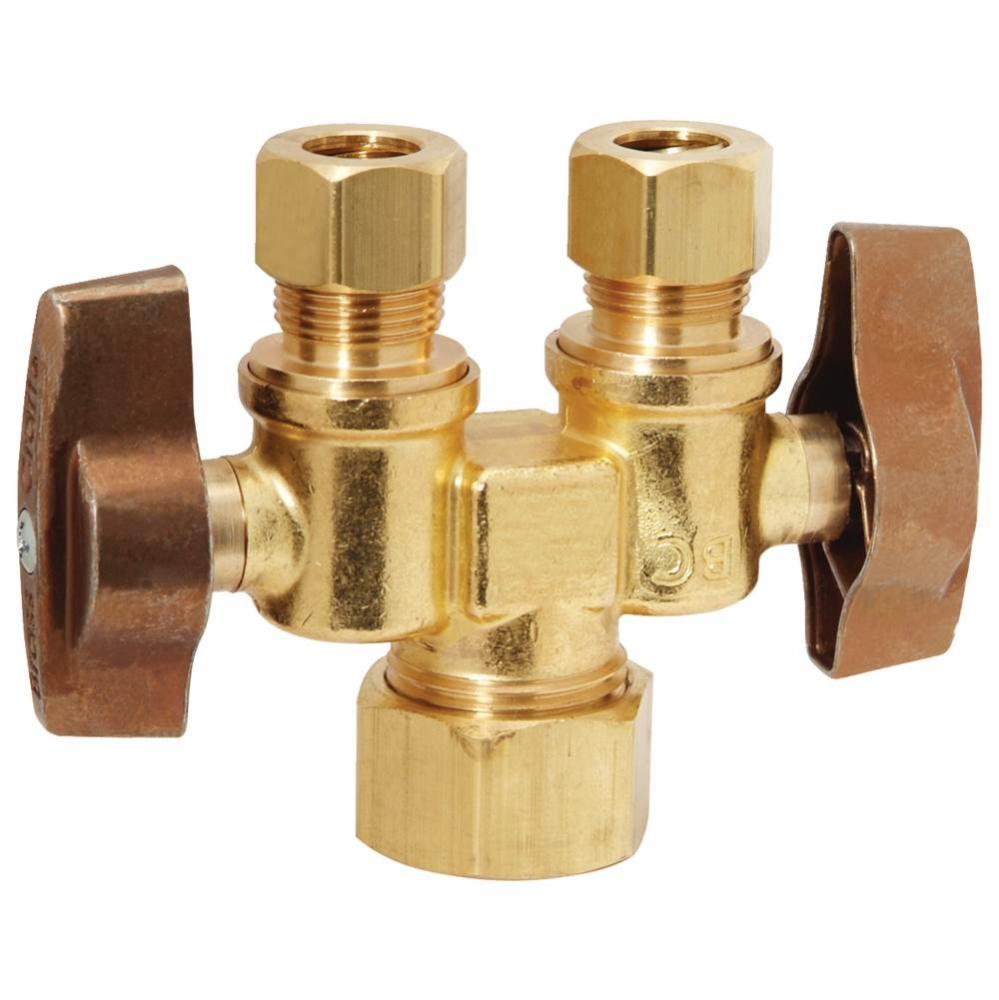 1/4 Turn Dual Outlet/Shut-Off Stop - Angle - 1/2'' Nom Comp X 3/8'' Od Comp X