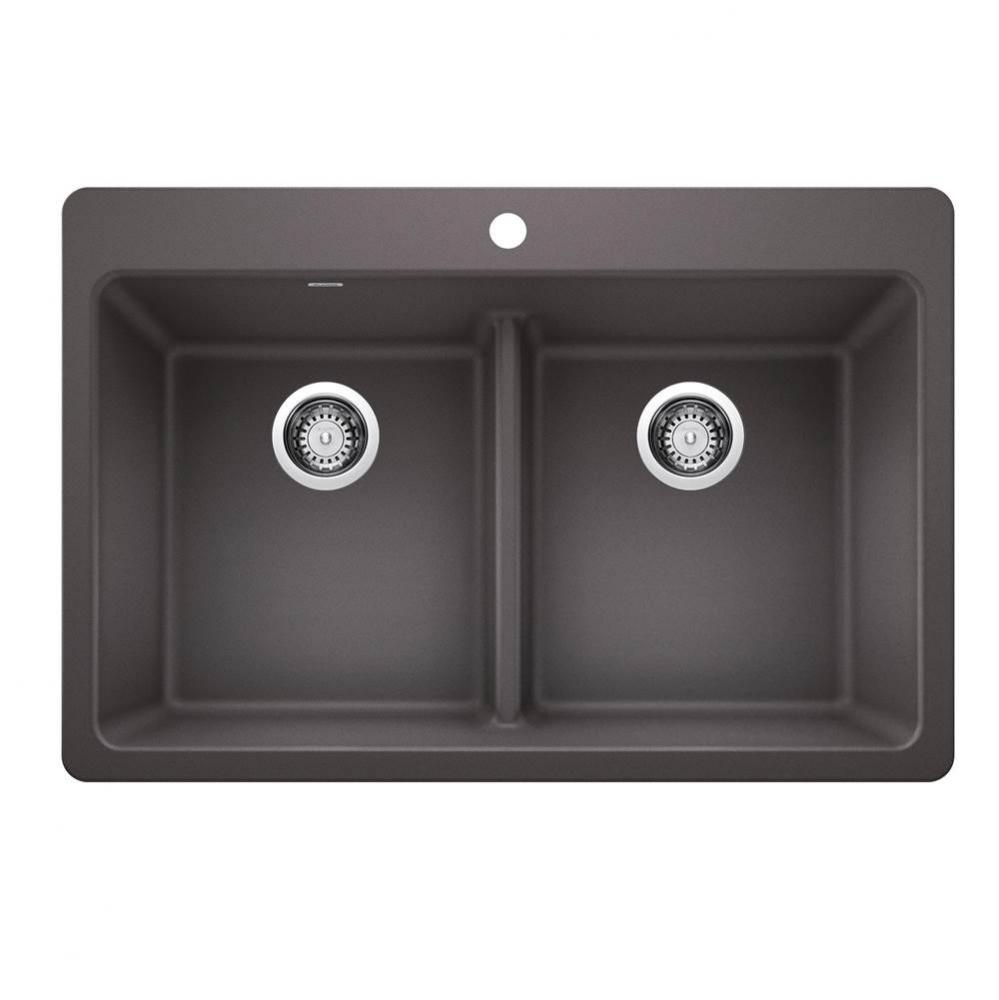 Liven SILGRANIT 33'' 50/50 Double Bowl Dual Mount Kitchen Sink with Low Divide - Cinder