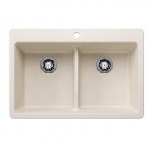 Blanco 443209 - Liven SILGRANIT 33'' 50/50 Double Bowl Dual Mount Kitchen Sink with Low Divide - Soft Wh
