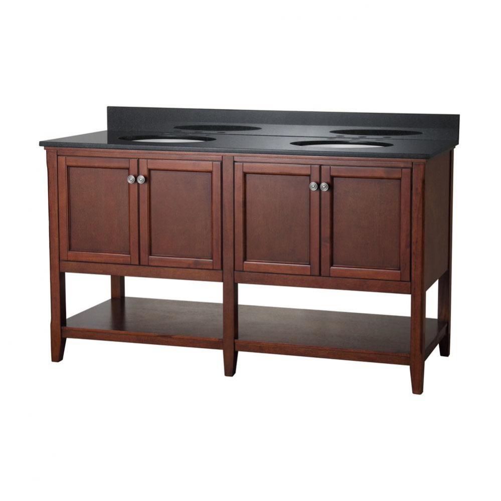 Auguste 60 inch bathroom vanity in chestnut with four doors and open