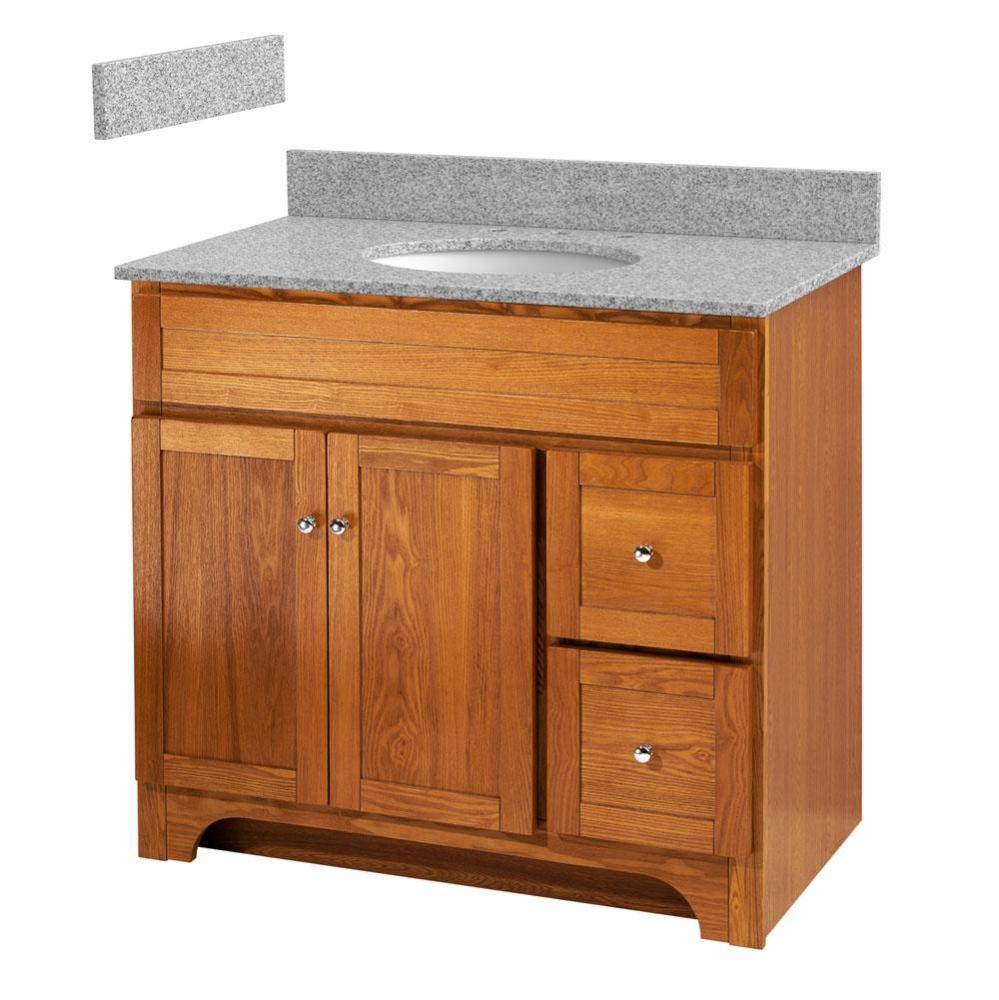 Worthington 36 inch oak bathroom vanity with meteorite gray granite top and white vitreous china