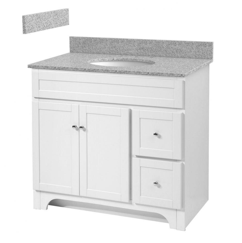 Worthington 36 inch white bathroom vanity with meteorite gray granite top and white vitreous