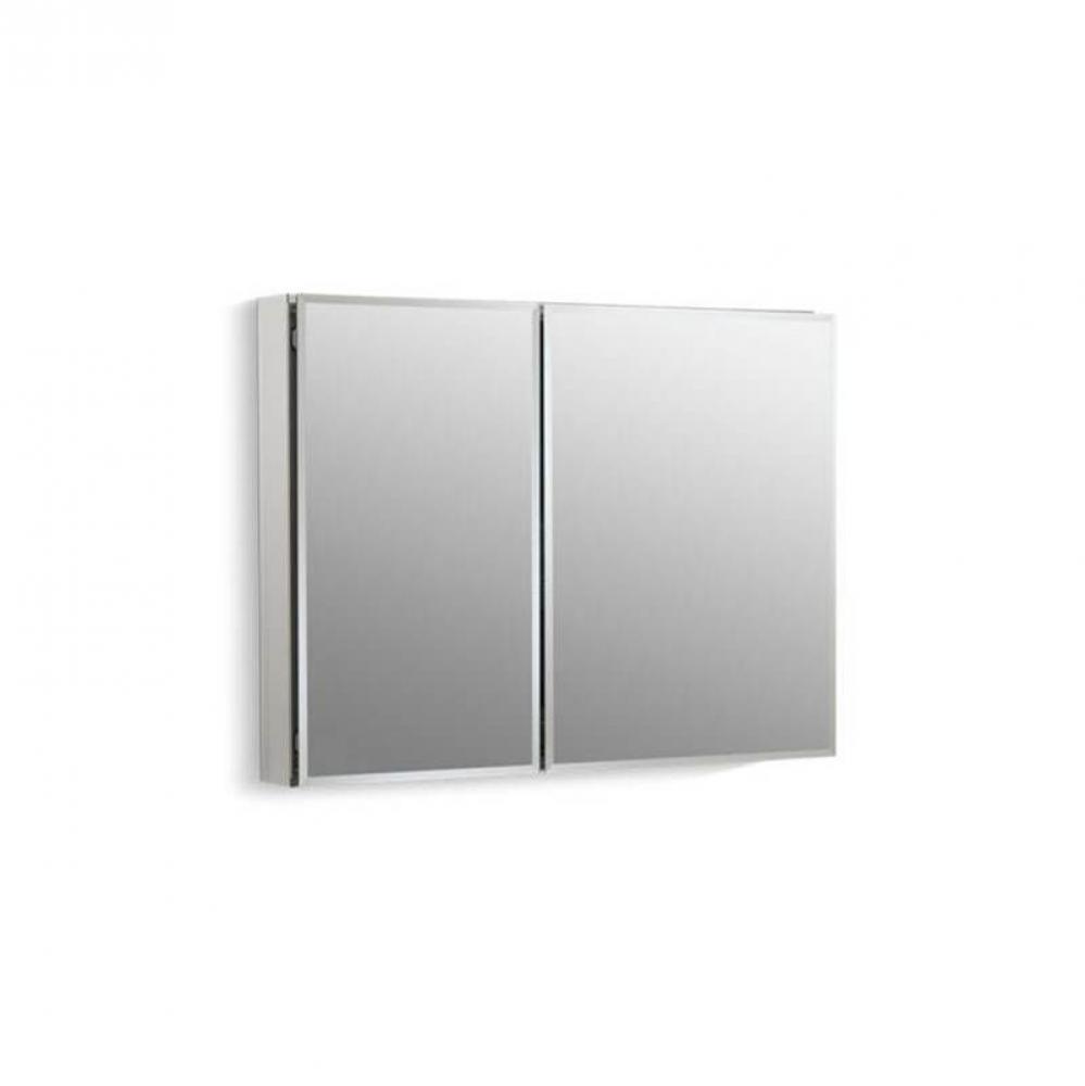 35'' W x 26'' H aluminum two-door medicine cabinet with mirrored doors, bevele