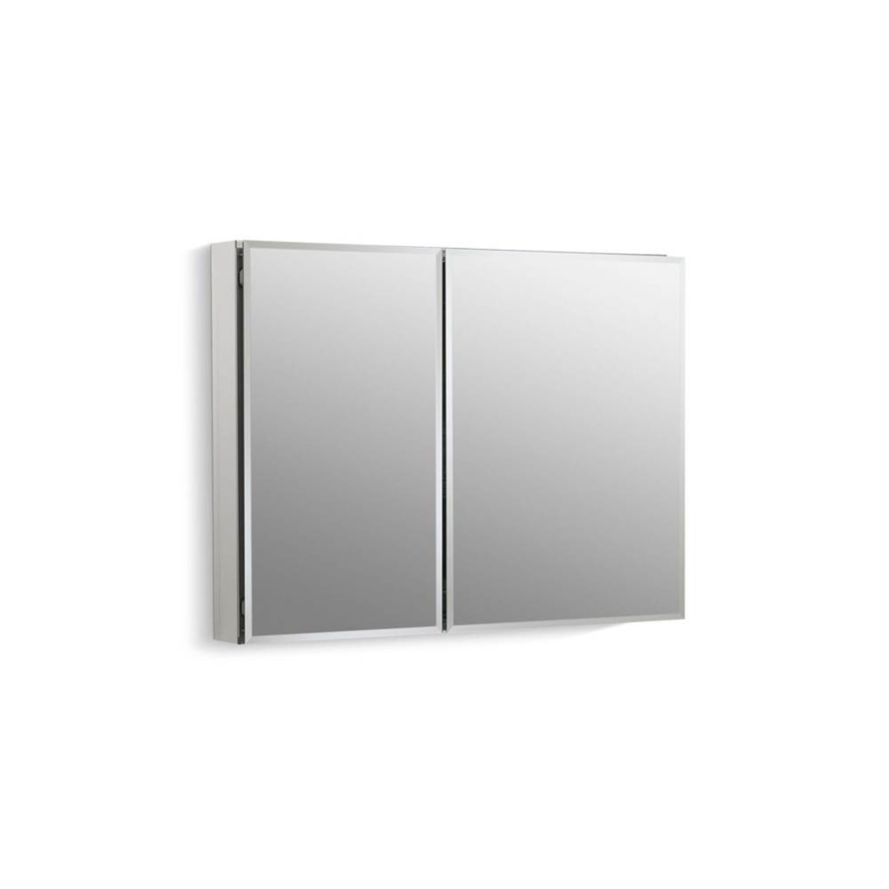 35'' W x 26'' H aluminum two-door medicine cabinet with mirrored doors, bevele