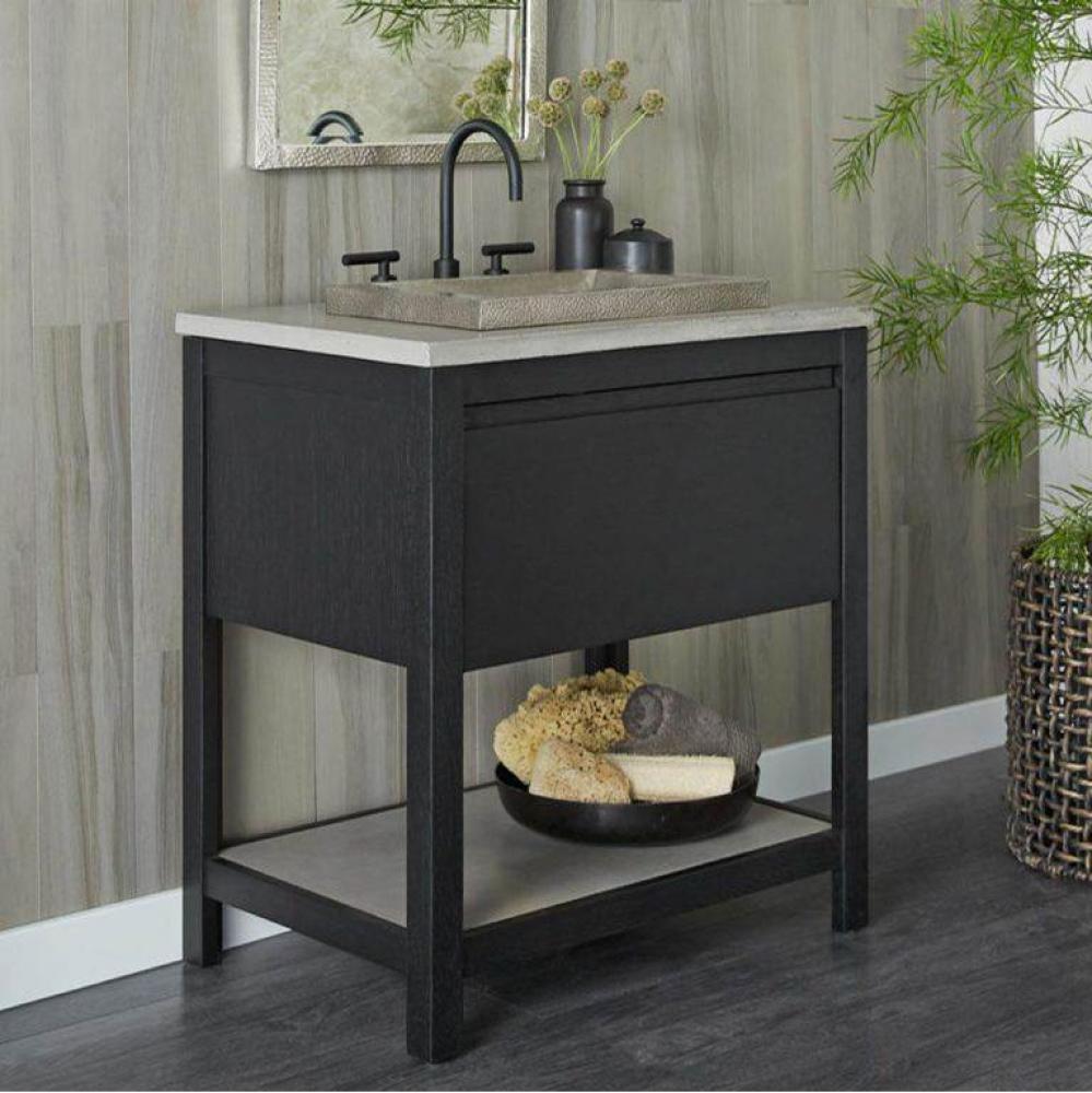30'' Solace Vanity Base in Midnight Oak with Palomar Vanity Top and Sink in Ash