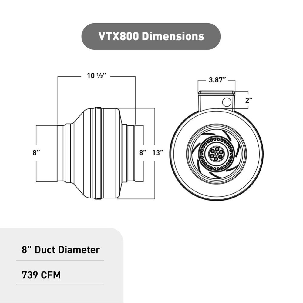 Atmosphere Vortex 8'' Inline Duct Blower Fan, 739 CFM, VTX800