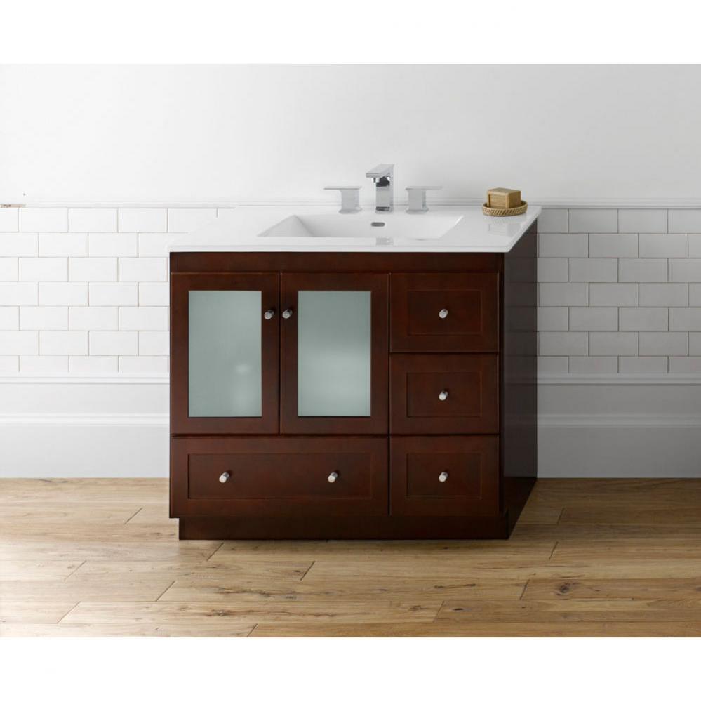 36'' Shaker Bathroom Vanity Cabinet Base in White - Frosted Glass Doors on Left