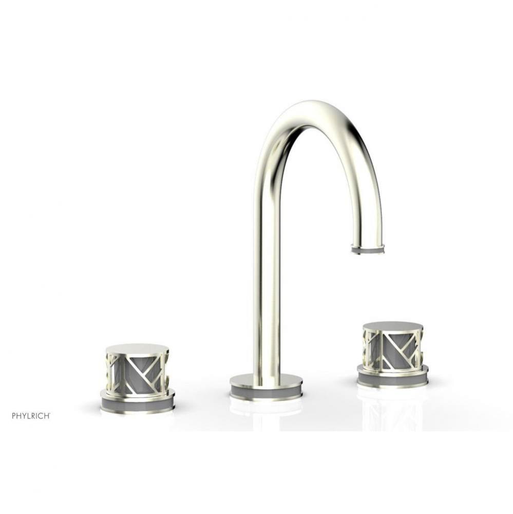 Satin Gold Jolie Widespread Lavatory Faucet With Gooseneck Spout, Round Cutaway Handles, And Grey